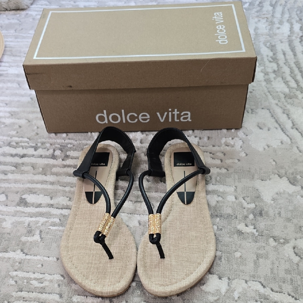 Dolce Vita Black and Tan Sandals With Gold Detail
